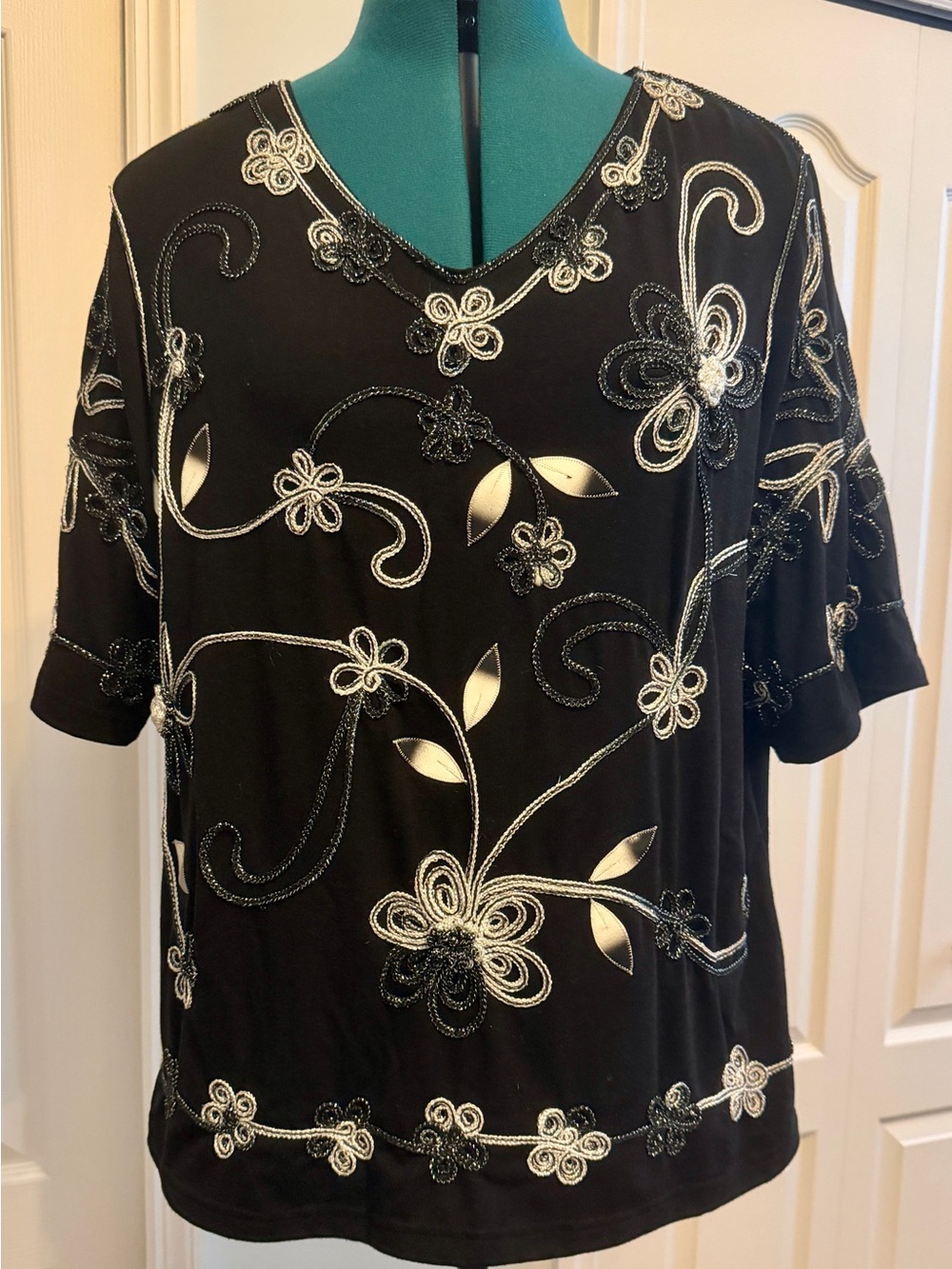 Embellished Black Women's V-Neck Top
